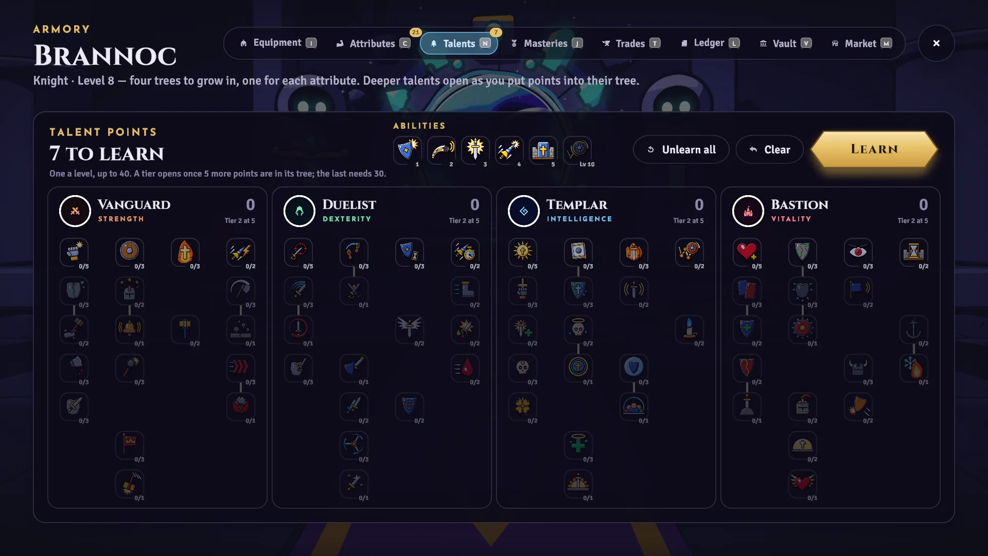 Four talent trees for every class, in the Armory.